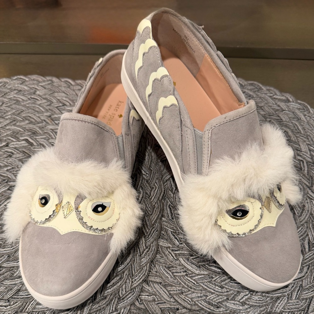 Kate Spade Gray Owl Fur Slip-On Sneakers